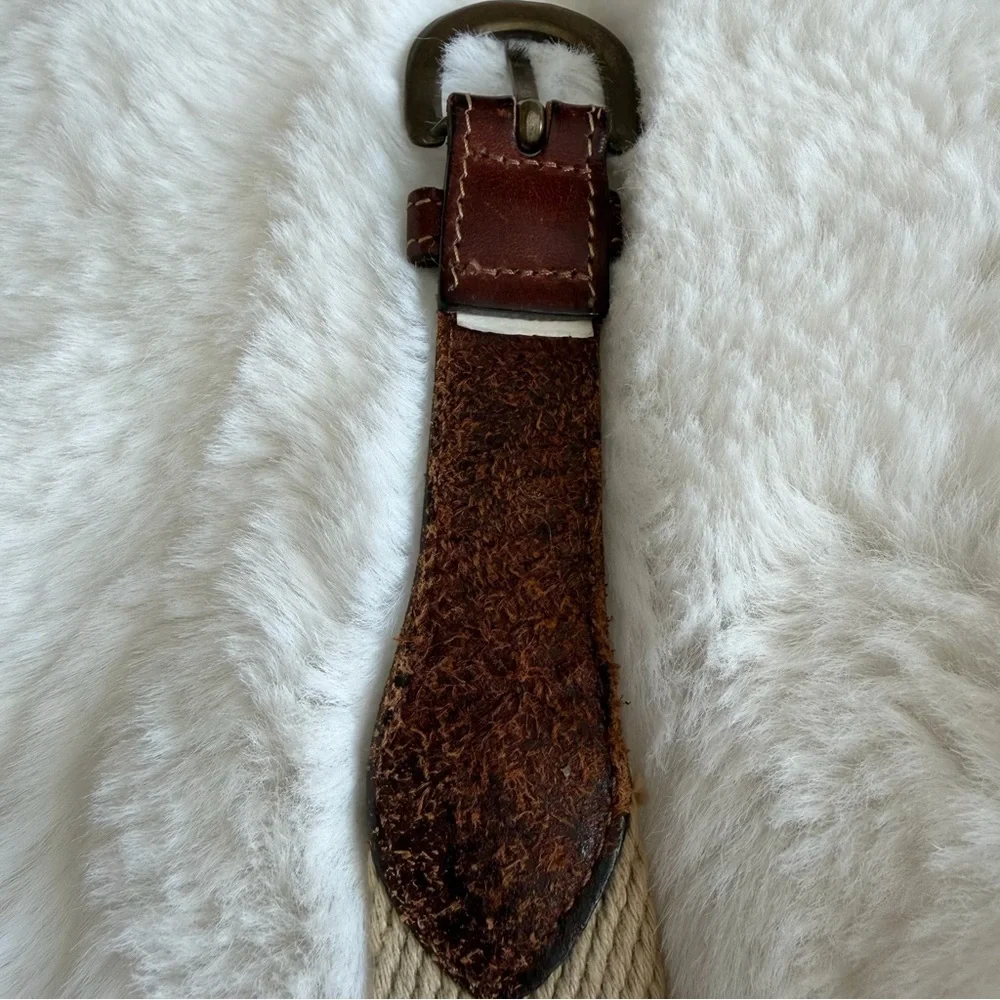 Vintage 1970s Dooney & Bourke Leather & Khaki Woven Belt Solid Brass Buckle